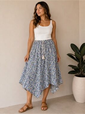 American Eagle Floral Midi Skirt Blue Cottagecore Boho Size Medium